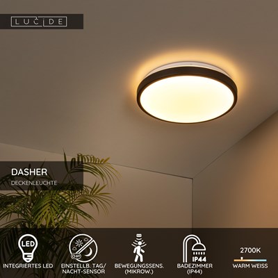 Lucide DASHER - Deckenleuchte Badezimmer - Ø 34,8 cm - LED - 1x18W 2700K - IP44 - Bewegung und Tag/Nacht-Sensor - Schwarz